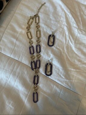 INC International Concepts Gold Link Necklace and Purple Accented Earrings Set